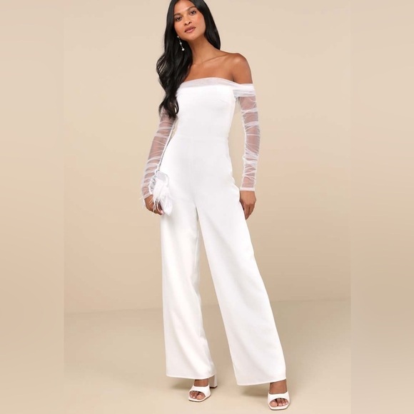 Lulus Pants - NWT Lulus Eternal Bliss White Tulle Off-the-Shoulder Wide-Leg Jumpsuit